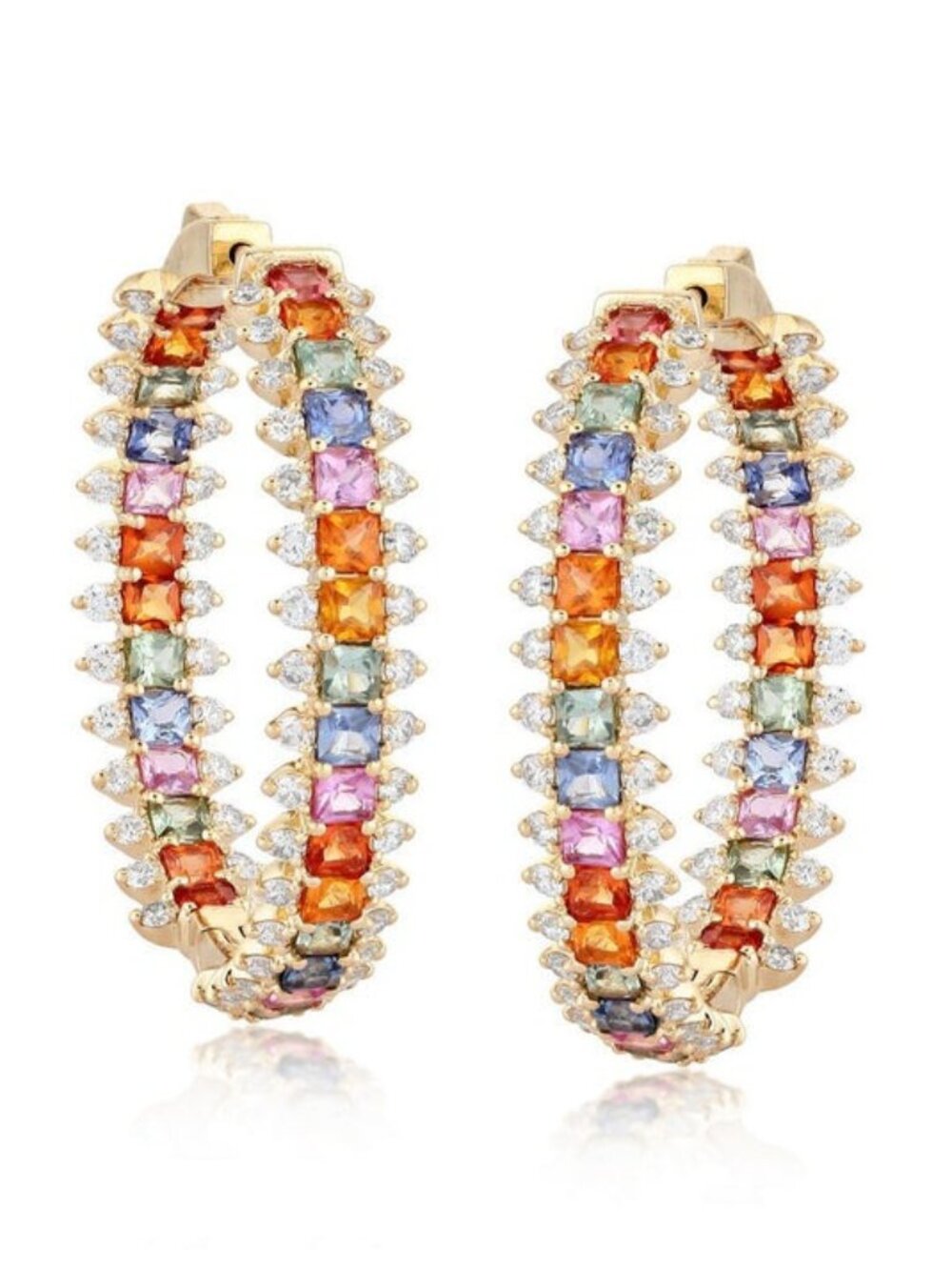 Rainbow Sapphire 14K (or 18k upon request) Yellow Gold Pave Hoop Earrings